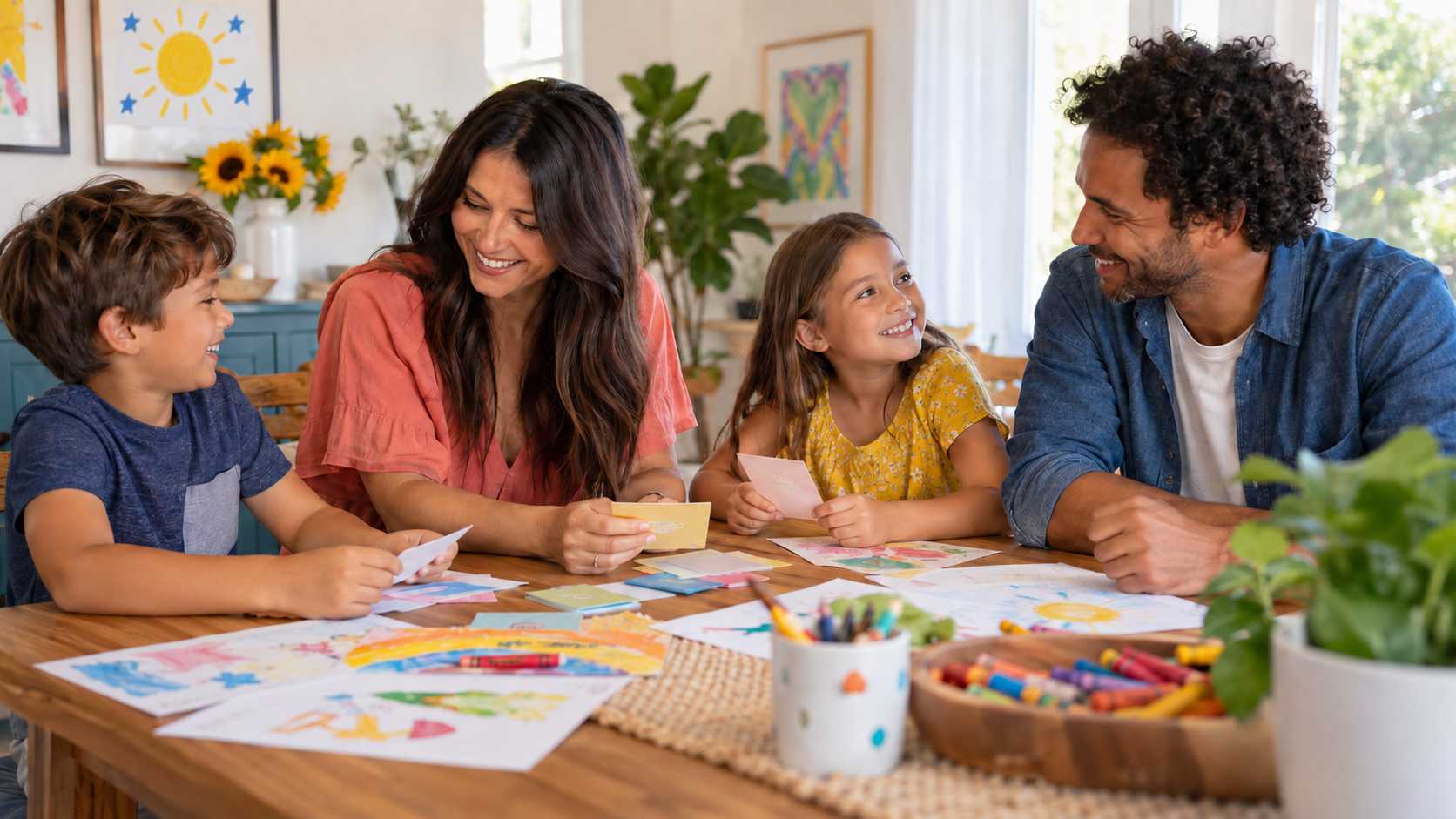 Parents and children smiling and enjoying printable activities together at a table