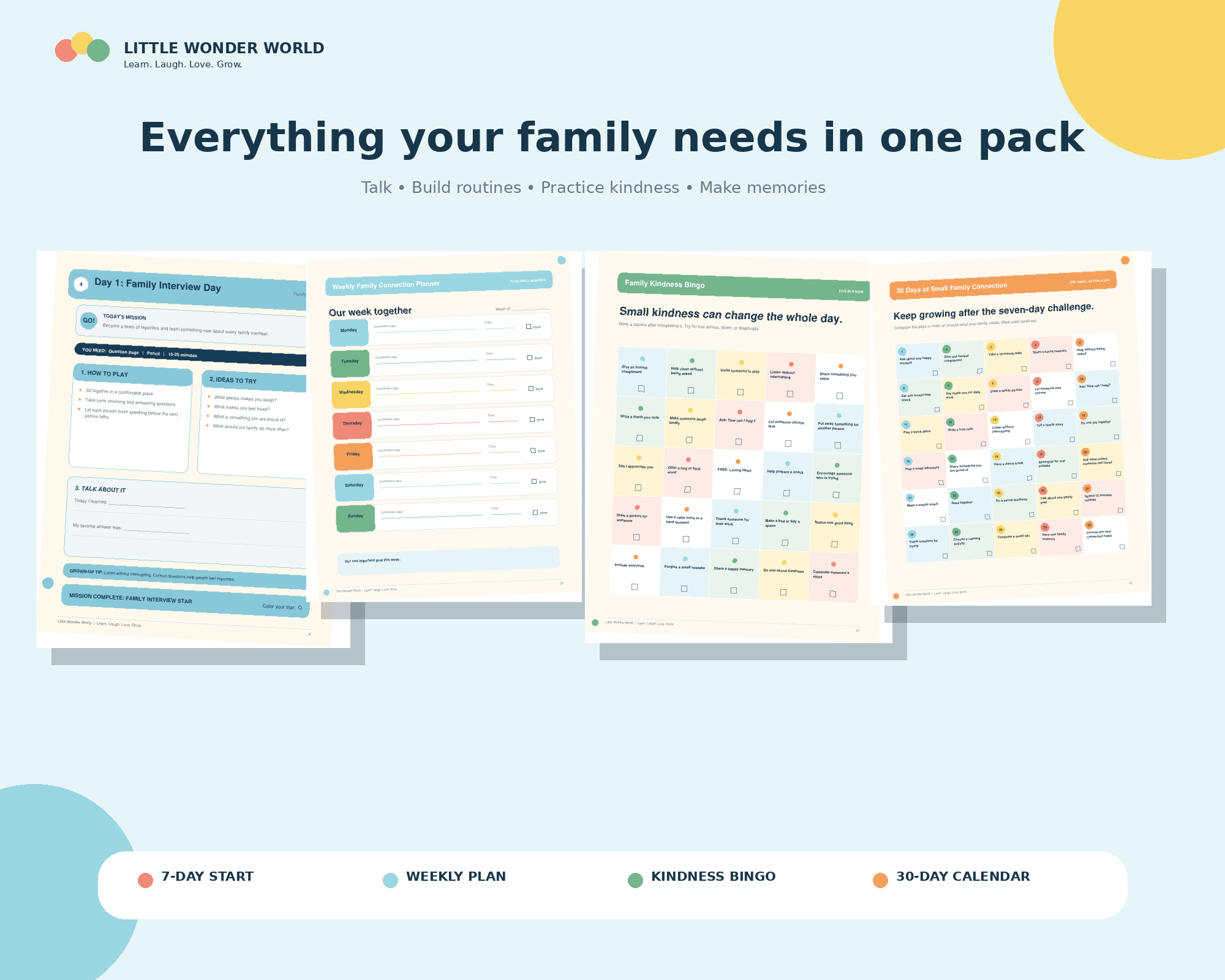 Preview of the activities and tools included in the Complete Family Pack