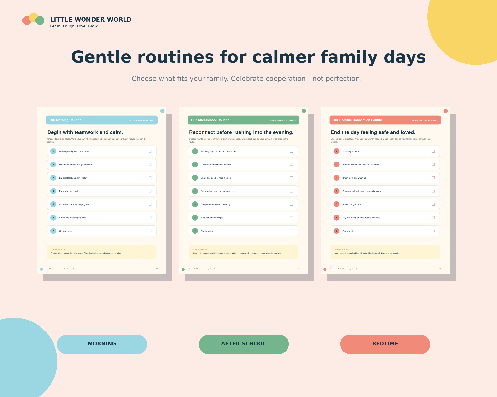 Preview of three gentle family routine pages