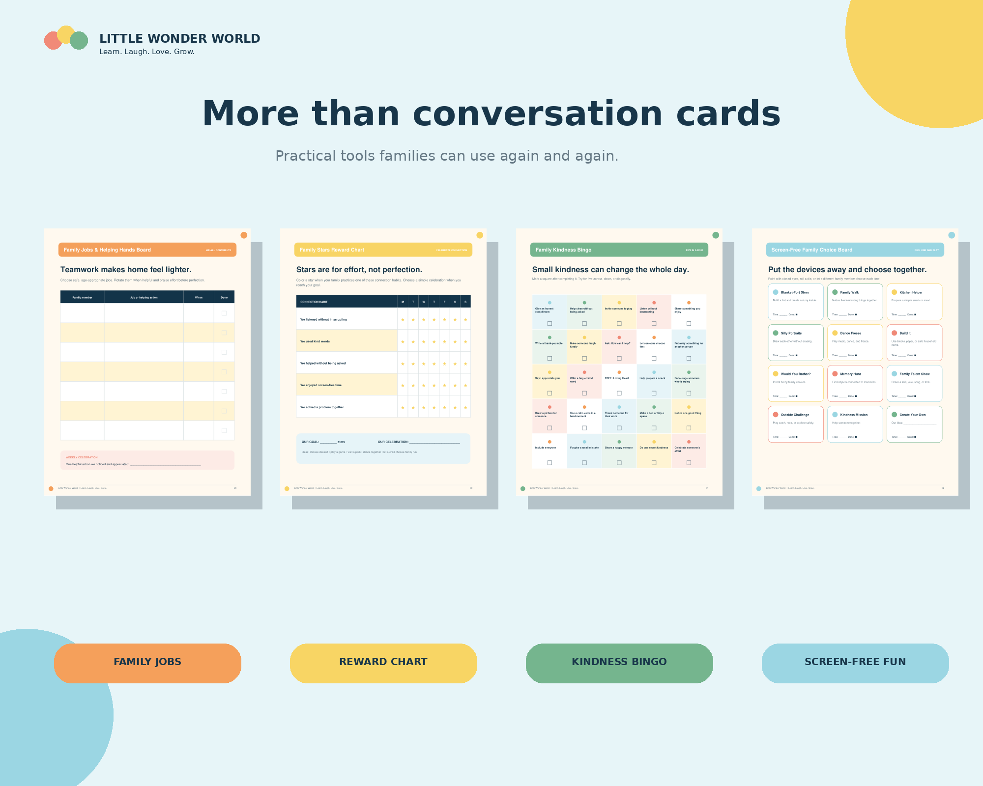 Preview of family jobs, rewards, kindness, and screen-free tools